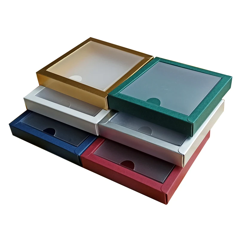

5/10Pcs Paper Box Lot Flat Cardboard Gift Packaging Carton With Matting Pvc Window Lid Craft Kraft Handmade Products Wrapping