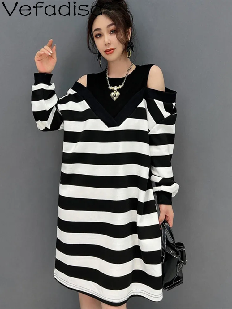 

Vefadisa Women Long Sleeves Off The Shoulder Dress Loose Mid-length Black White Stripe Fake Two Dress 2023 Spring Autumn LHX2209