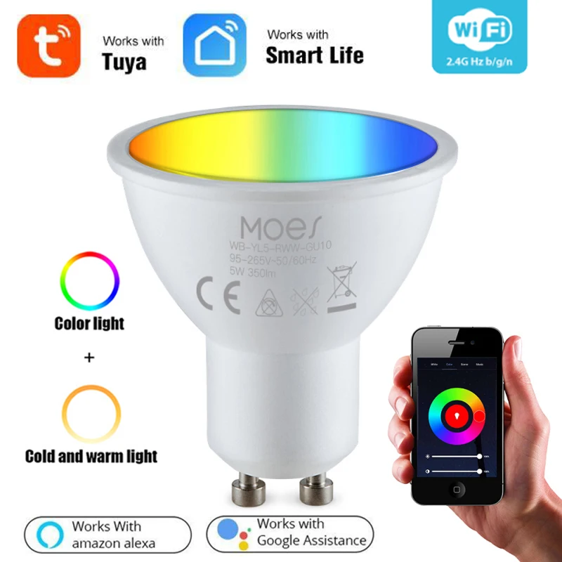 

MOES Tuya GU10 WiFi Smart Light LED Spotlight RGBCW 5W Dimmable Lamp APP Remote Control Voice Control Via Alexa Google Home