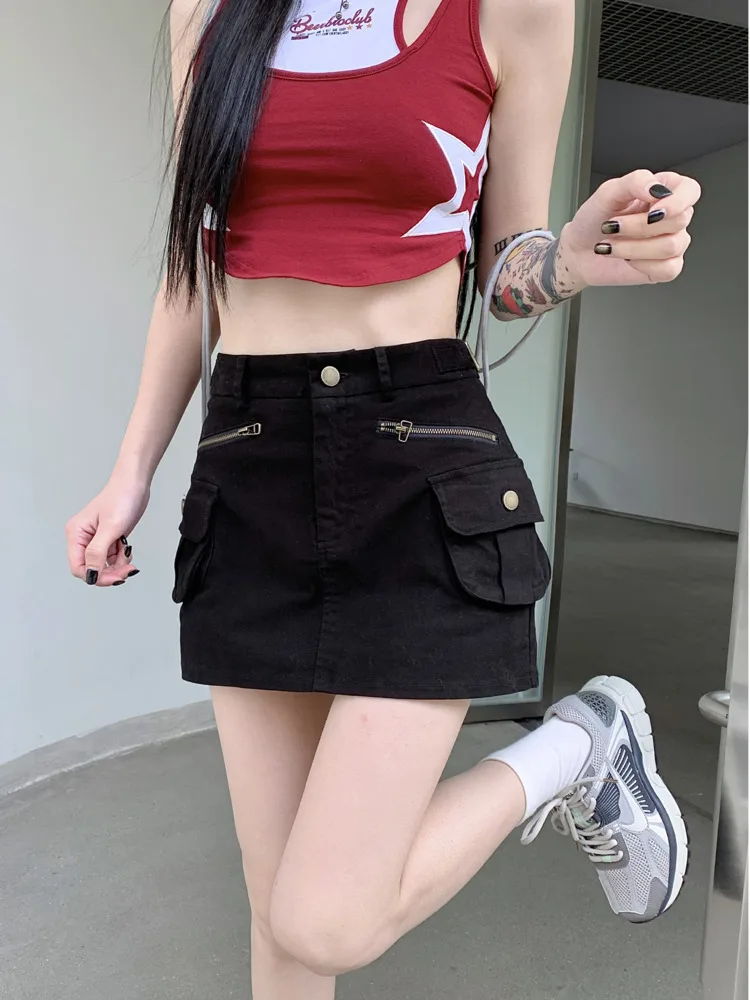 

2023 High Street Denim Skirt Women Summer Design Slim Slim Skirt Small Many Pockets Zipper Bag Hip Skirt