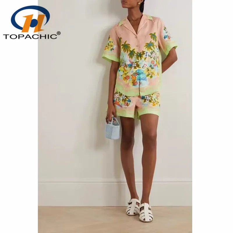 

Женский комплект из рубашки с коротким рукавом и шортов, удобная Пляжная льняная рубашка с отложным воротником и принтом или шорты с поясом на резинке, 4,26