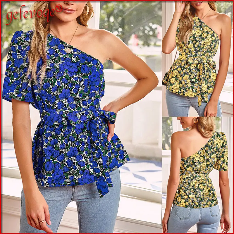

Sexy Off Shoulder Floral Print Women's Blouse Casual Short Sleeve Lace Up Ladies Tops Elegant Slim Blouses Shirts 2022Summer New