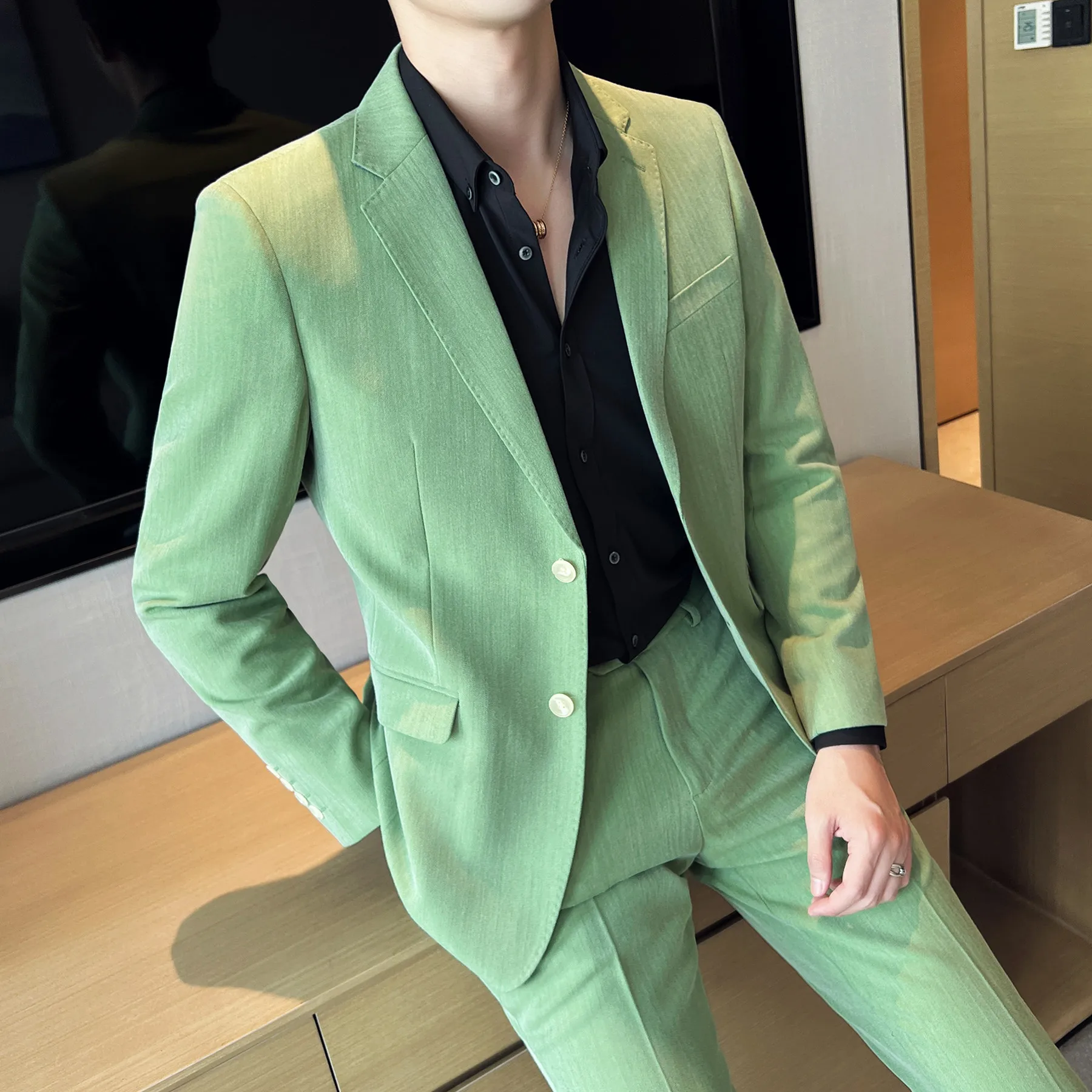 Apple Green Latest Design Men Slim Fit Suits 2022 Groom Groomsmen Wedding Tuxedos Jacket with Pants Male Fashion Solid Suits