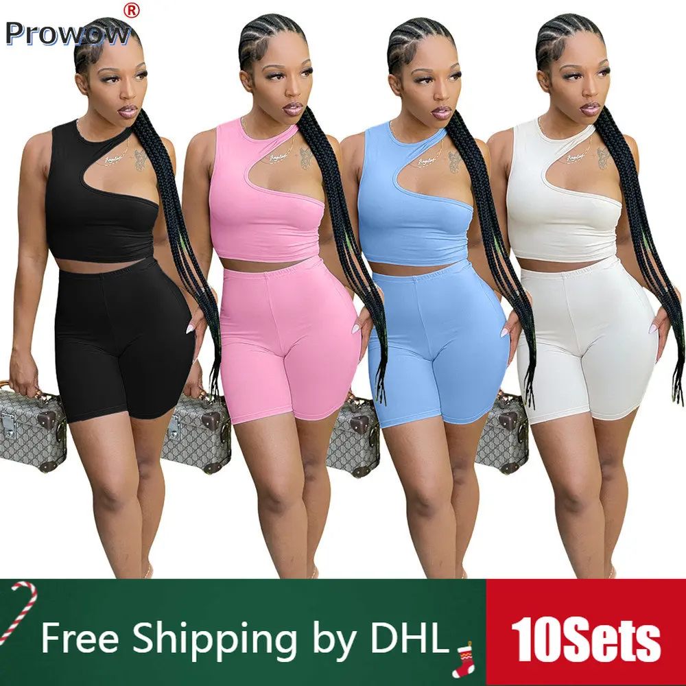 

10Sets Bulk Solid Short Sets Sexy Hollow Out Tube Tops 2 Piece Sets Womens Outfits 2023 Summer Casual Sports Suit Wholesale 9579