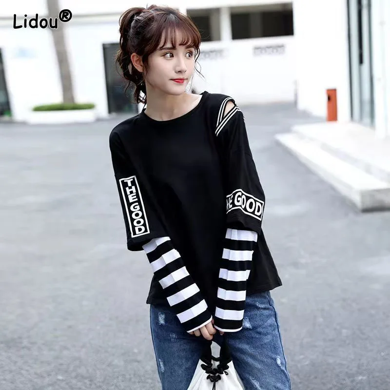 

Korean Popularity Hipster Hollow Out Striped T-Shirts Blended O-Neck Spring Autumn Loose Women's Clothing 2022 Hot Selling Wild