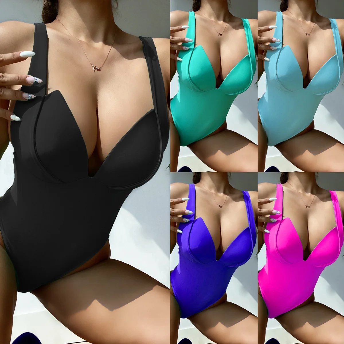 

2022 New One Piece Swimwear Women Gigh Quality Solid Color Sexy Hard Cup Deep V Bikini Summer Bikinis Set Beach Swimsuit Clothes