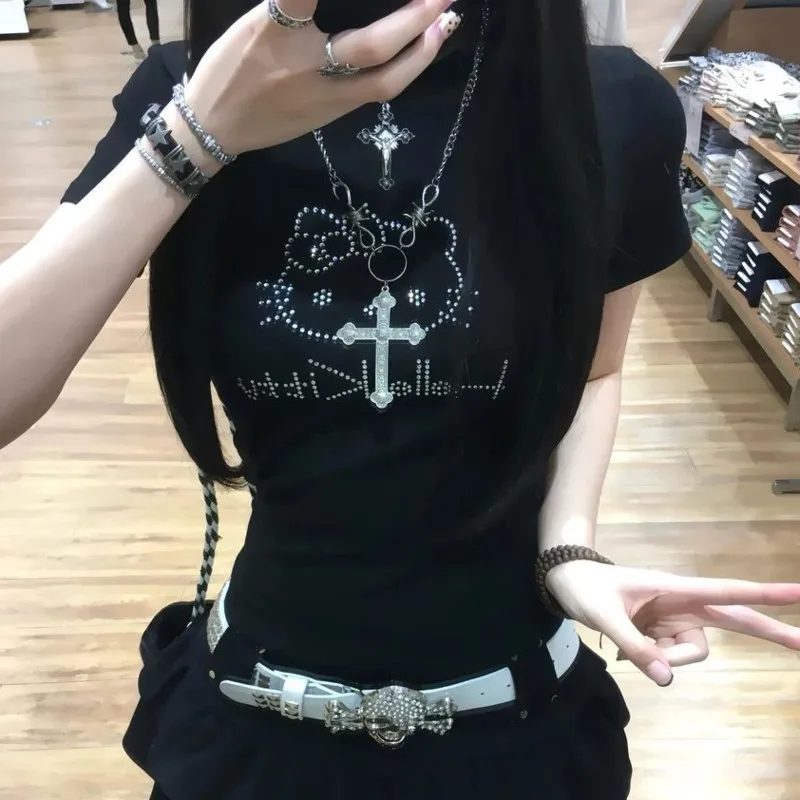 Miniso Горячие бриллианты HelloKitty милые майки мультфильм Kitty Cat печатные Y2k