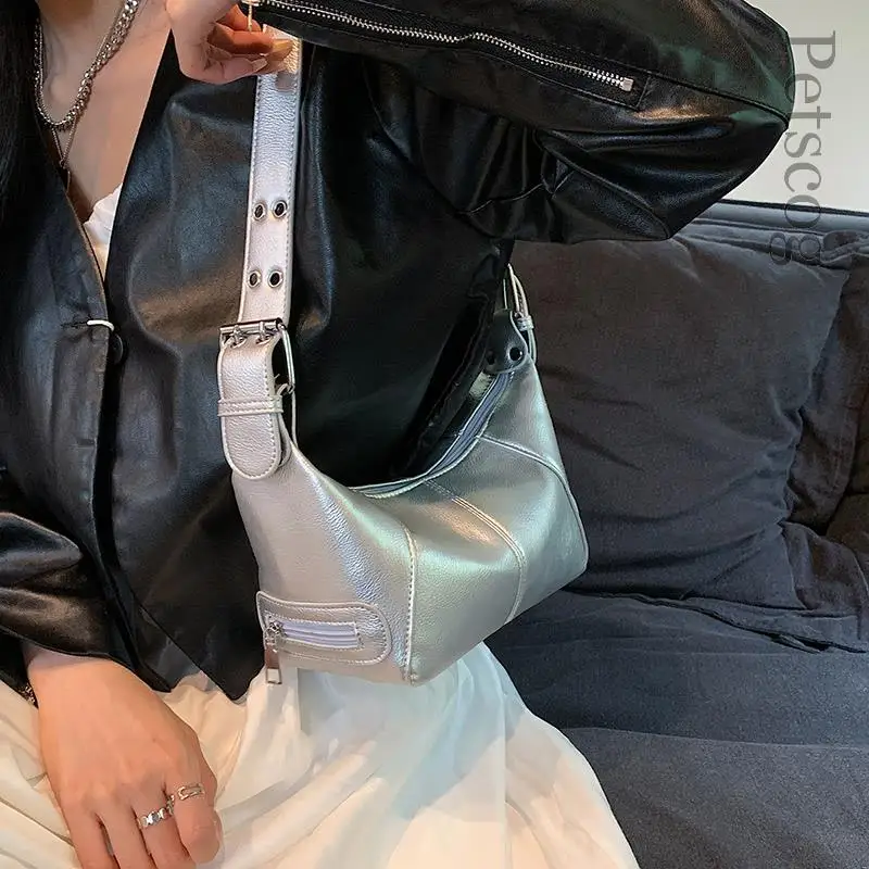 

Серебристые кожаные сумки через плечо для женщин, роскошная модная сумка через плечо 2023 Y2k, женские сумки для подмышек