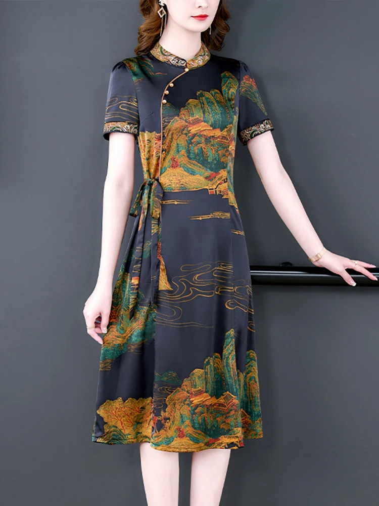 

Women Black Print Natural Silk Midi Dress Summer Short Sleeve Elegant Bodycon Casaul Dress 2023 Korean Vintage Hepburn Vestidos