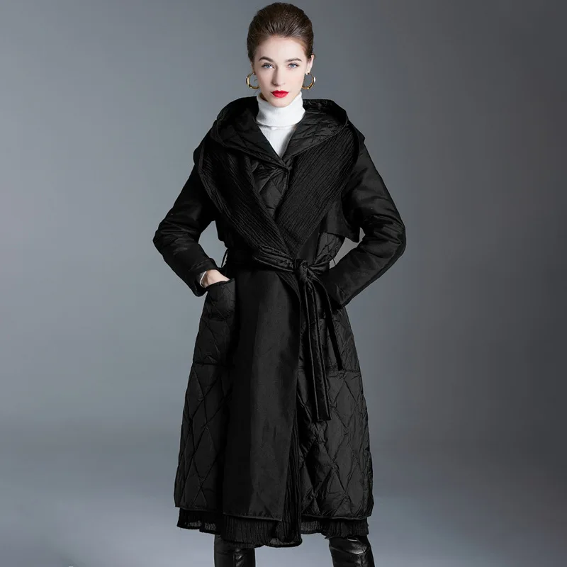 Women's Black Luxury Design Winter Long  Down Coat Female High Quality 90% White Duck Down Parka Belt Padded Chaqueta De Mujer