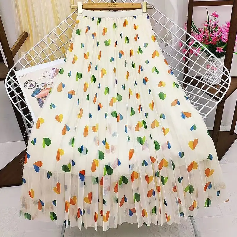 

Women 2022 Summer New Loose Printed Gauze Skirts Female High Waist A-line Skirts Ladies Midi Long Pleated Floral Skirts R198