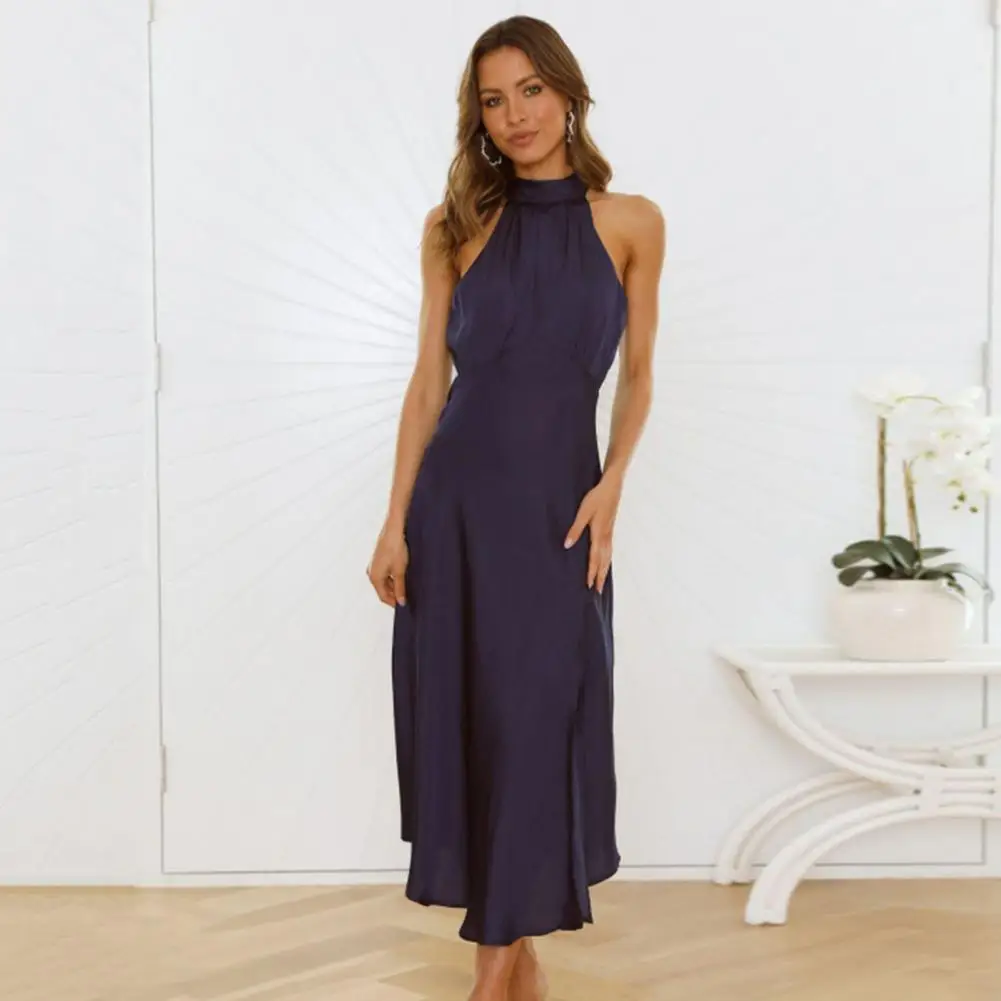 

Solid Color Sleeveless Halter Neck Cocktail Midi Dress Big Flowy Hem Backless Chiffon Thigh Split Women Summer Dress