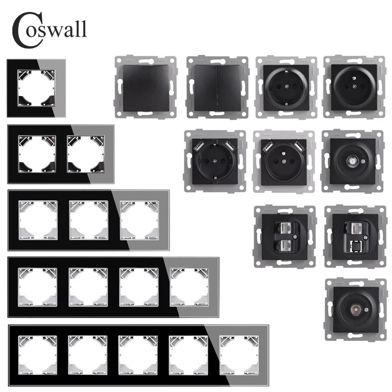 

Настенный выключатель света COSWALL серии D1, черная стеклянная панель, розетка европейского стандарта, USB зарядка, Интернет, спутниковый ТВ-мод...