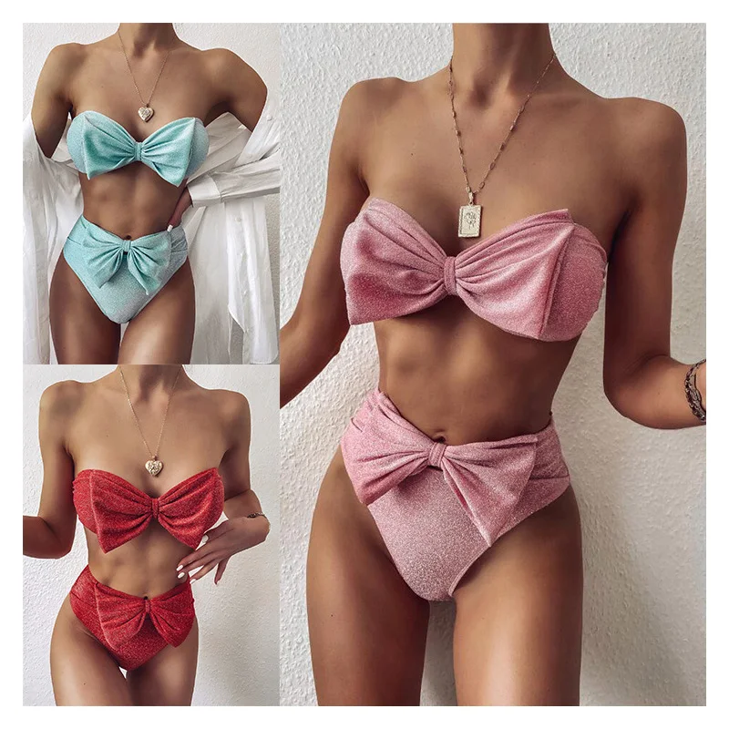 

High Waist Bikinis 2022 Swimsuits Swimwear Women Shiny Bow Biquini Solid Strapless Bathers Bathing Suit Women New