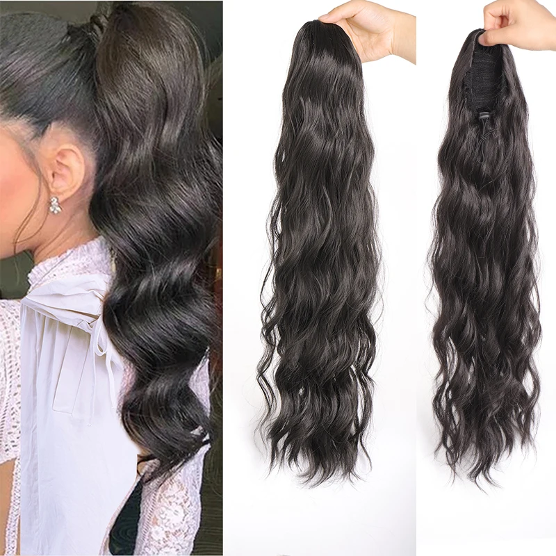 Synthetic Black Golden Long Wavy Ponytail Brown Drawstring Ponytail Extensions for Women Daily Used Heat Resisitant Fiber Hair