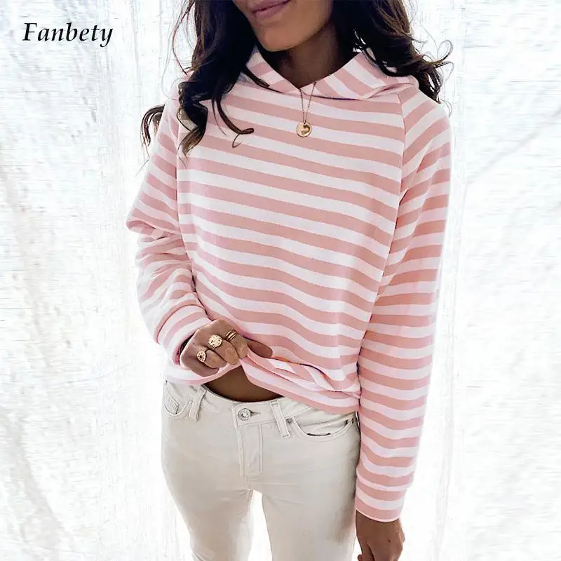 

Элегантная толстовка с капюшоном и принтом в полоску, Женский Повседневный Свободный пуловер с длинным рукавом, топы 2022, модная уличная оде...