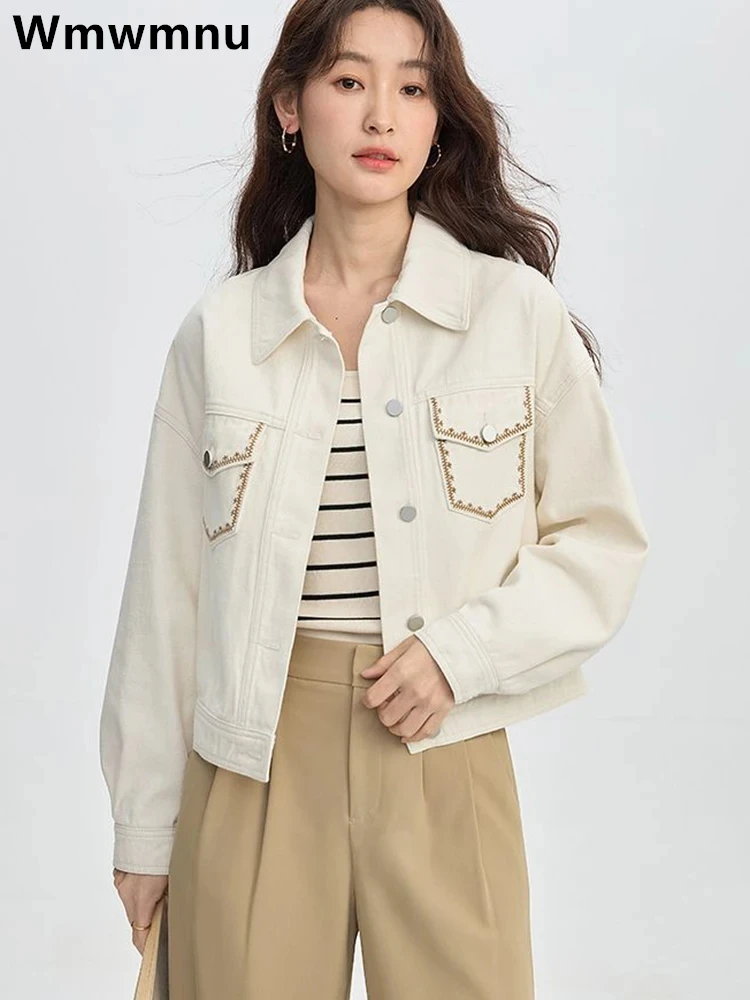 Женская джинсовая куртка с вышивкой бежевая Повседневная однобортная Ceketler