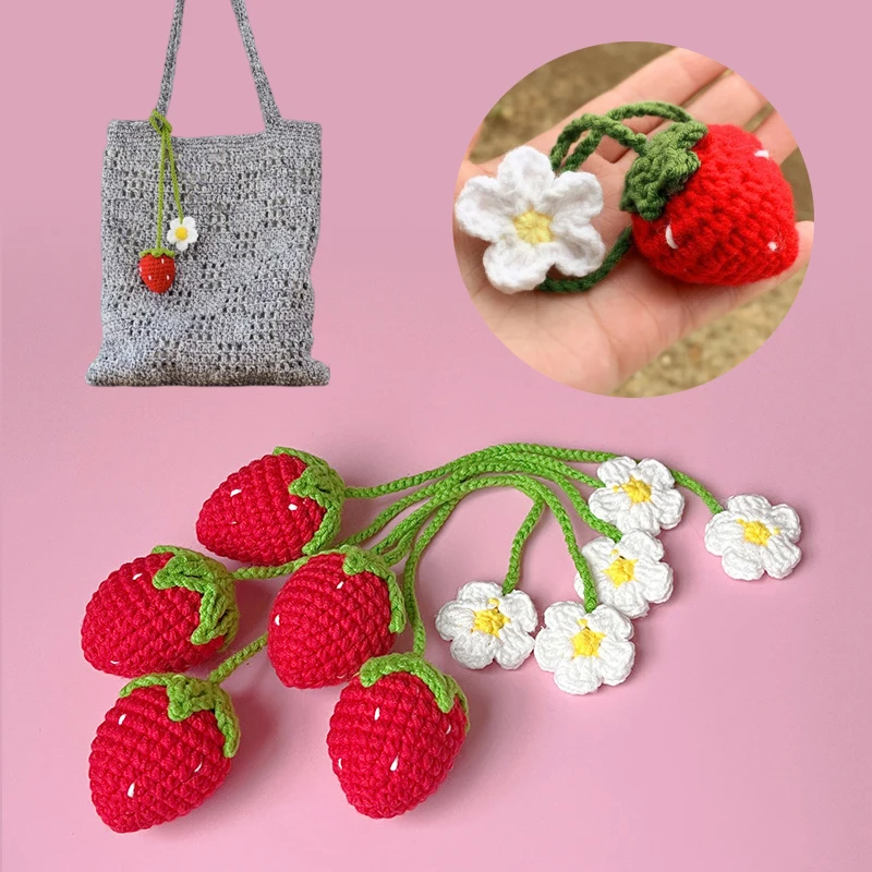 

Handmade Crochet Strawberry Hang Ornament for Handbag Decor Knitting Convallaria Majalis Key Pendant Home Table Decor Kids Gift