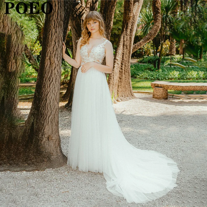 

POEO A-LINE Wedding Dress V-Neck Sleeveless Backless Appliques Bride Gown Floor-Length Court Train Vestido De Novia For Women