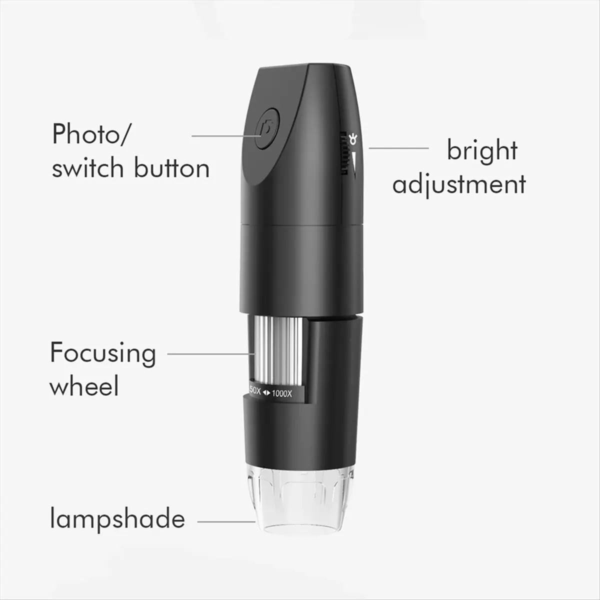 Фото Беспроводной цифровой микроскоп 50X-1000X с Wi-Fi и USB, портативная ручная камера-микроскоп для монет с 8 светодиодами, черный №5