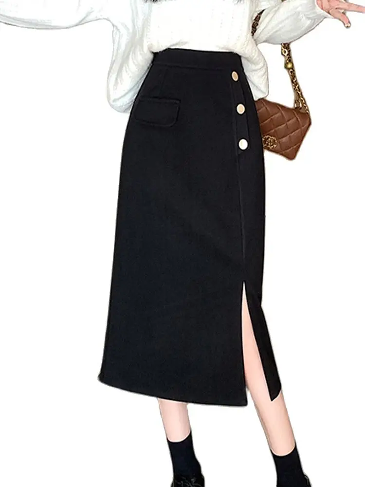 

Повседневная шерстяная юбка с разрезом, облегающая юбка с запахом на бедрах и высокой талией, Новинка осени 2022, модная женская одежда