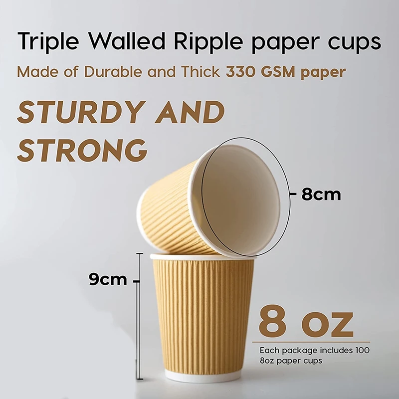 100Pcs 8Oz Kraft Brown Triple Walled Ripple Disposable Cups Coffee For Tea & Paper