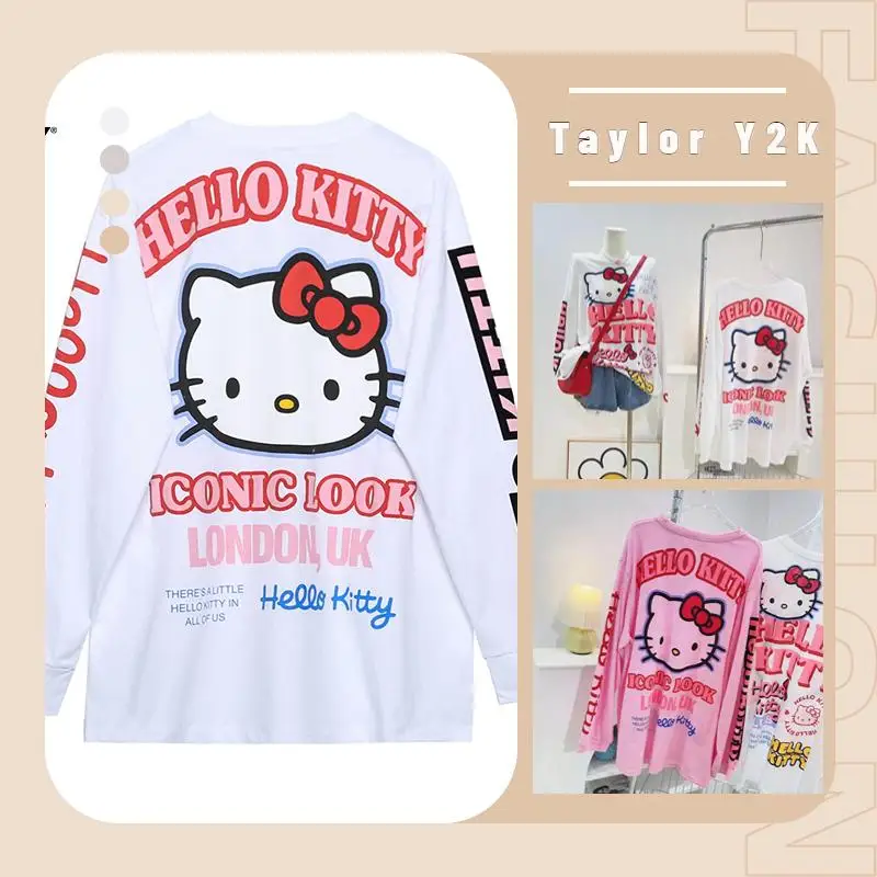 Sanrio Hello Kitty Long Sleeve Cartoon Anime Y2K Spicy Girl 150kg T-Shirt Fashion Korean Loose Plus Size Slim Women's Underlay
