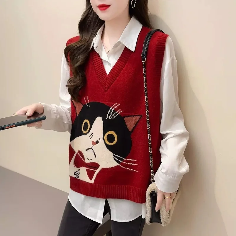 

Fashion Cat Print Houndstooth Knitted Vest Sweater Women Vintage Sleeveless Side Vents Female Waistcoat Loose Chic Tops