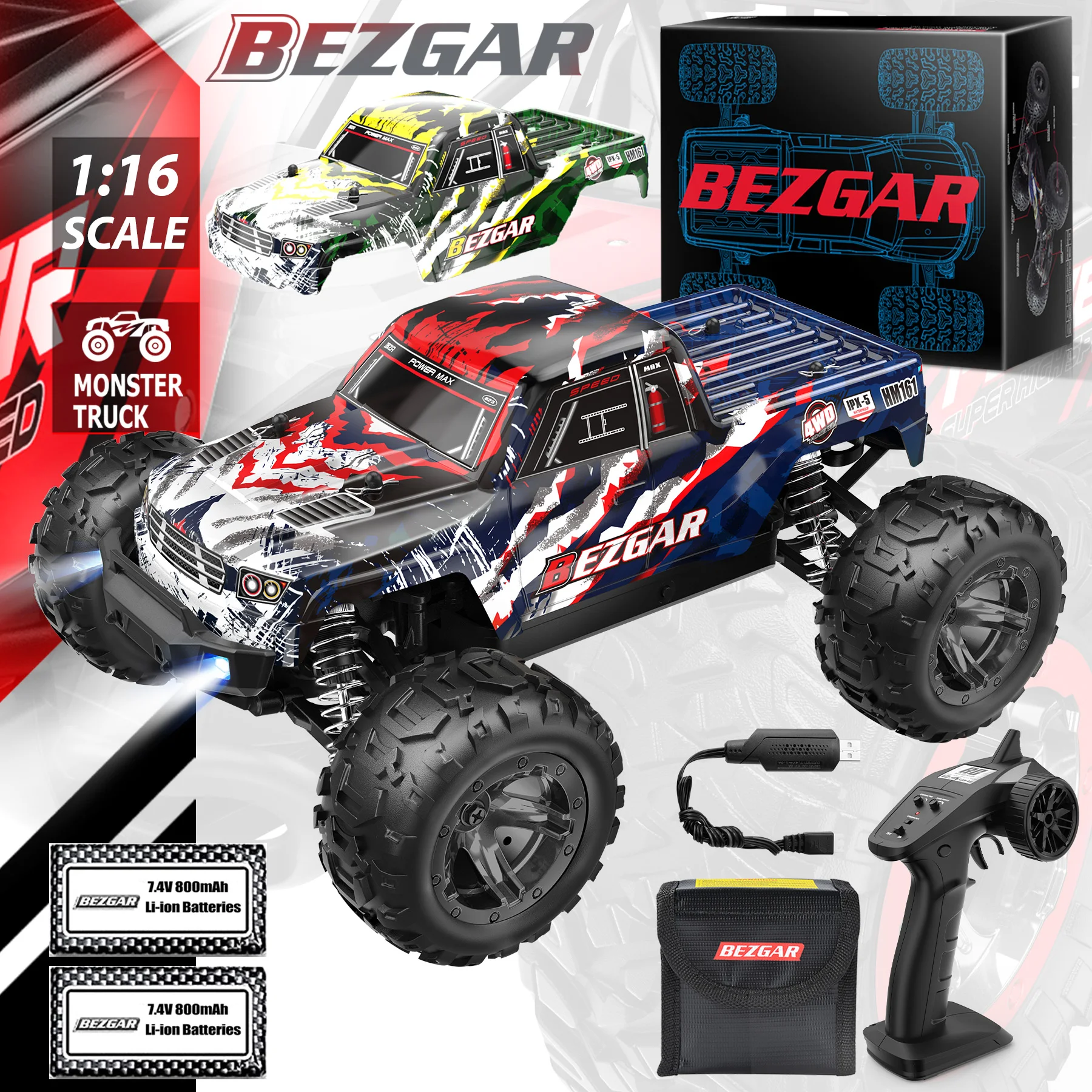 BEZGAR Hobby Buggy RC Car Truck  All-Terrain 40Km/h Off-Road 4WD Remote Control Monster Crawler with Battery for Kids Adults