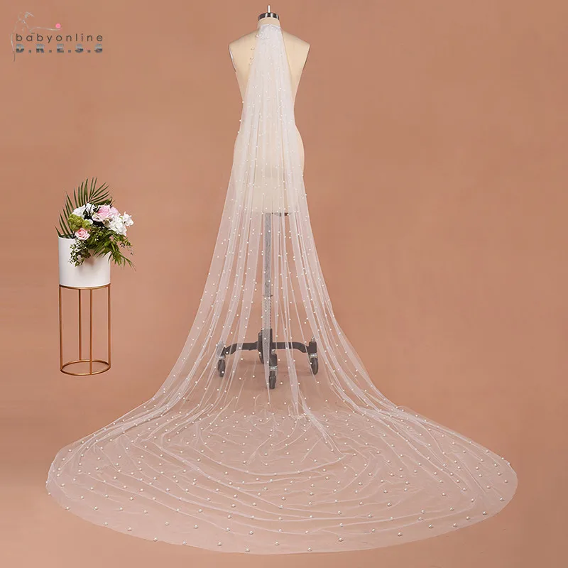 

Veu de Noiva Luxury Pearls 3M Cathedral Wedding Veil With Metal Comb Voile Mariage One Layer Soft Tulle Bridal Veil