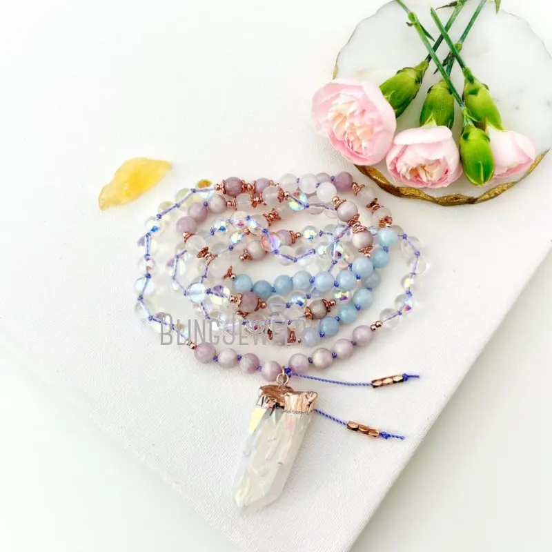 

MN43537 Mala Necklace with Moonstone Aquamarine Kunzite and Angel Aura Guru Crystal, 108 Mala Prayer Beads, Yoga Gift