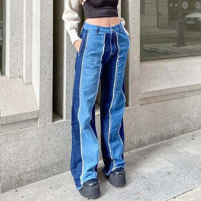 Casual Retro Patchwork Jeans Fringed Straight Jeans Women's Overalls Mom Retro Y2K Trousers Streetwear Blue 90S Boyfriend Jeans