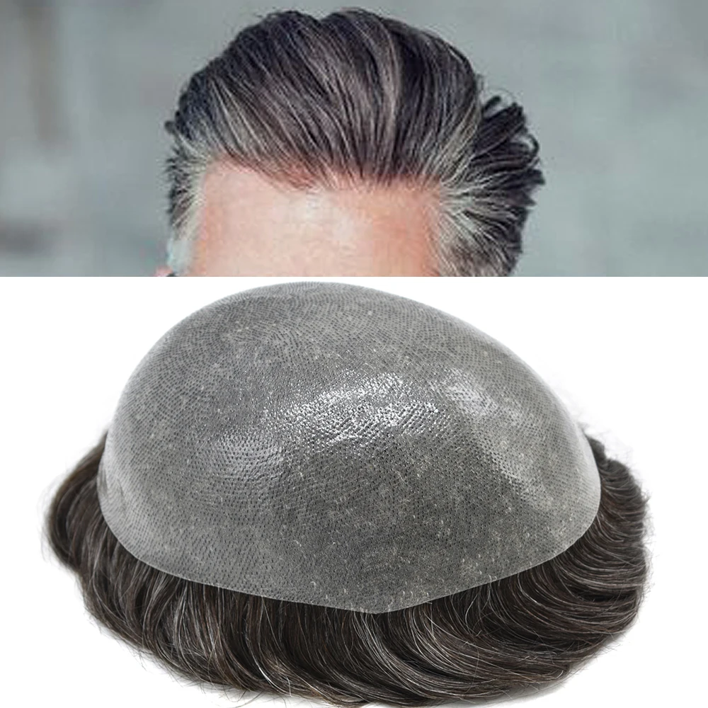 Mens Toupee 0.10mm-0.12mm Injected Pu Skin Human Hair Replacement System Mens Wig Natural Male Hairpieces Capillary Prosthesis