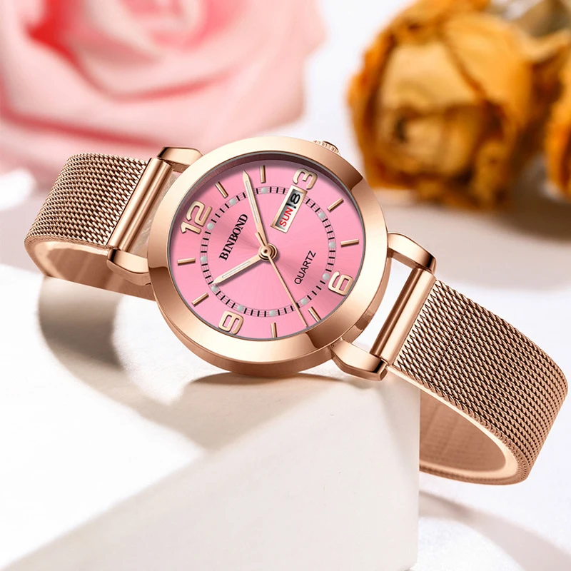 BINBONG Luxury Brand High Quality Quartz Women Watch Fashion Rose Gold Mesh Strap Casual Watch Women 30M Waterproof Reloj Mujer