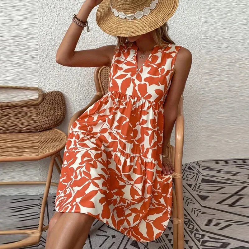 

Women Sleeveless Sundress Elastic Boho Printed V-neck Skirt Tank Pleated Loose A-line Tunic Female Summer Beach Mini Beachwear