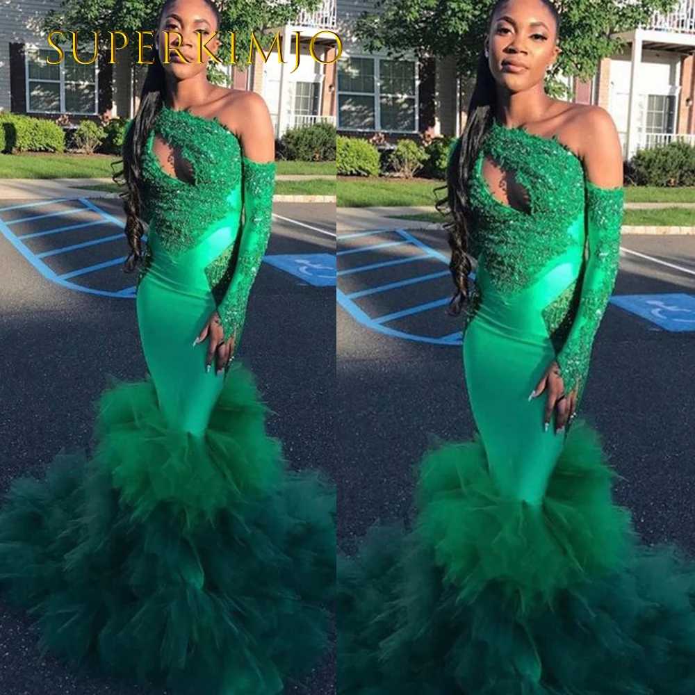 

SuperKimJo African One Shoulder Evening Dresses Long Sleeve Lace Applique Beaded Elegant Formal Party Dress Vestidos De Fiesta