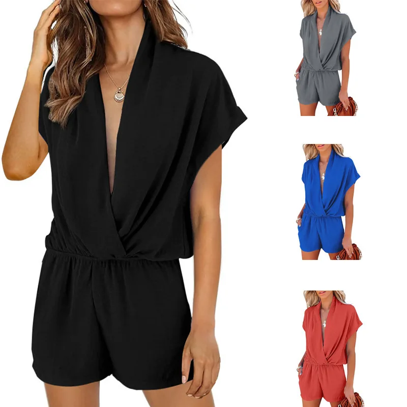 

2022 New Solid Color Jumpsuit Women's Summer Spring V-neck Slimming Casual Jumpsuit Women Playsuit Overalls Sexy Short Sleeve
