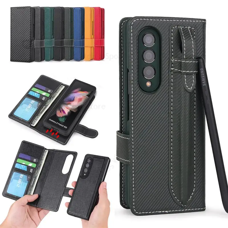 

Split Leather Phone Case For Samsung Z Fold 3 5G Flip Stylus Slot S Pen Holder Wallet Case For Galaxy Z Fold3 Carbon Fiber Cover