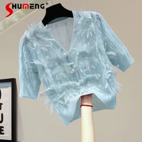 womans lace short stitching top 2022 summer korean style slimming solid color v neck short sleeve ice silk knit shirt fashion