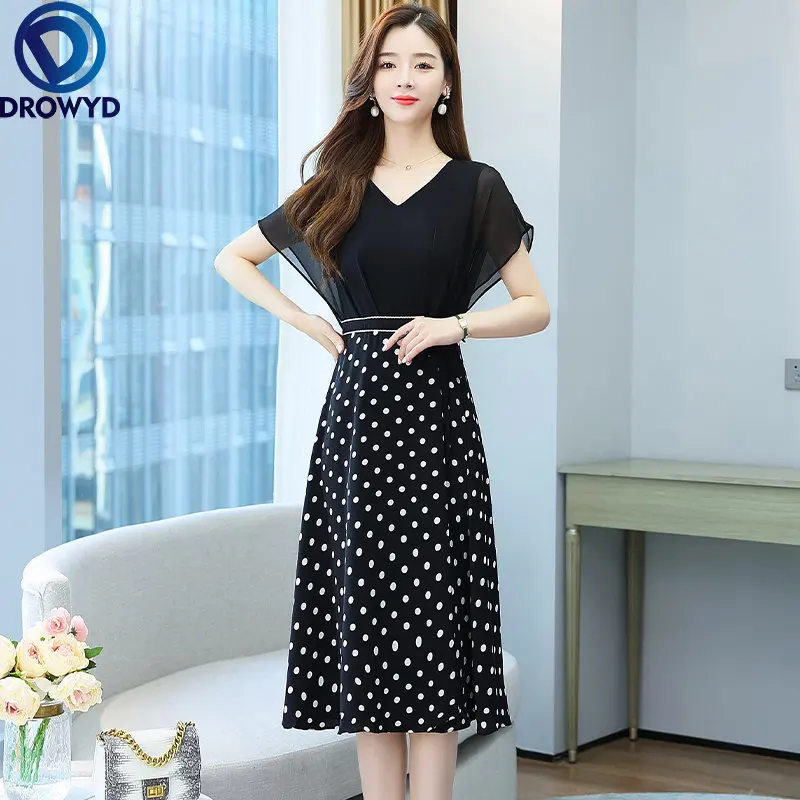 

Женское длинное шифоновое платье в горошек, повседневное облегающее офисное платье миди с V-образным вырезом и оборками в Корейском стиле для работы, лето