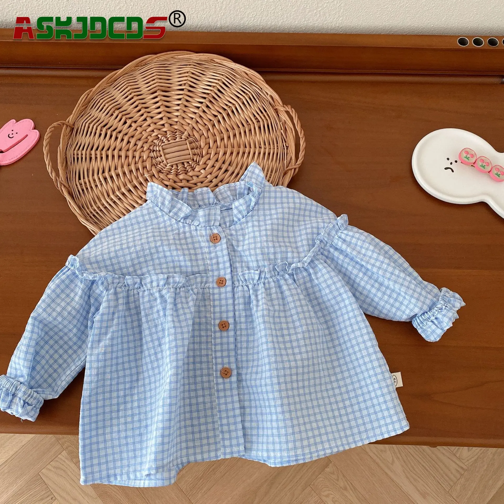 

2023 Autumn New In Floral Ruched Top for Baby Girls Auricular Collar Full Sleeve, Single-breasted Shirts Children Blouses 3M-6Y