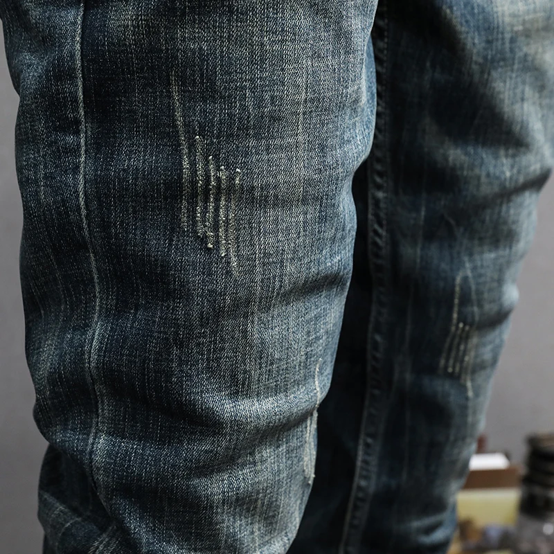 Fashion Designer Men Jeans High Quality Retro Blue Elastic Slim Fit Ripped Jeans Men Vintage Trousers Casual Denim Pants Hombre