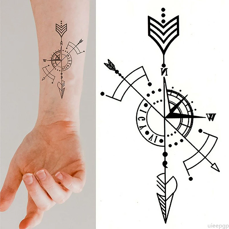 

Водостойкая Временная тату-наклейка, компас, стрела, римские часы, маленькая татуировка для боди-арта, имитация татуировки для женщин и мужчин