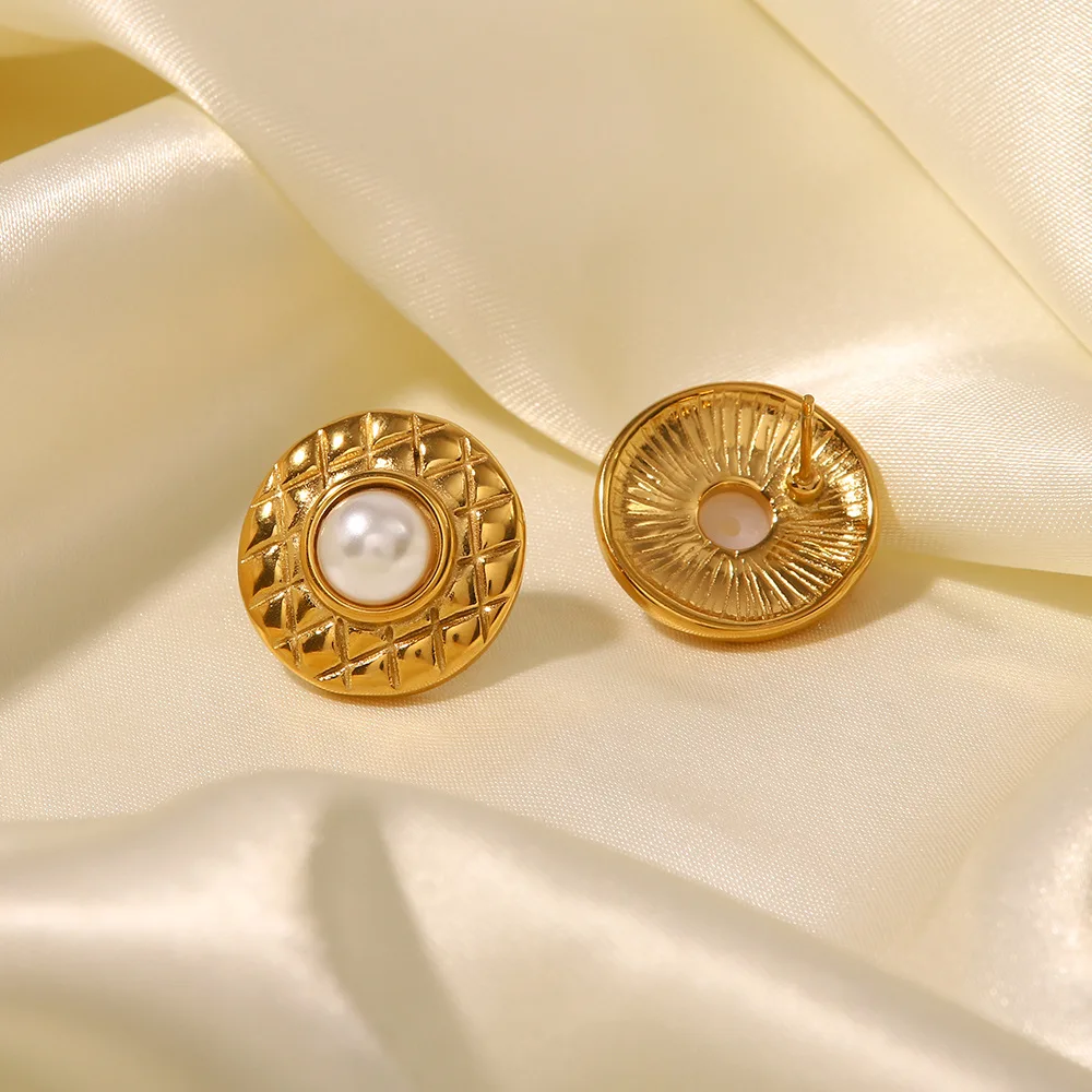 Stainless Steel PVD 18K Gold Plated Tarnish Waterproof Pearl Inlay Button Stud Earring Woman Jewelry Wholesale Trendy