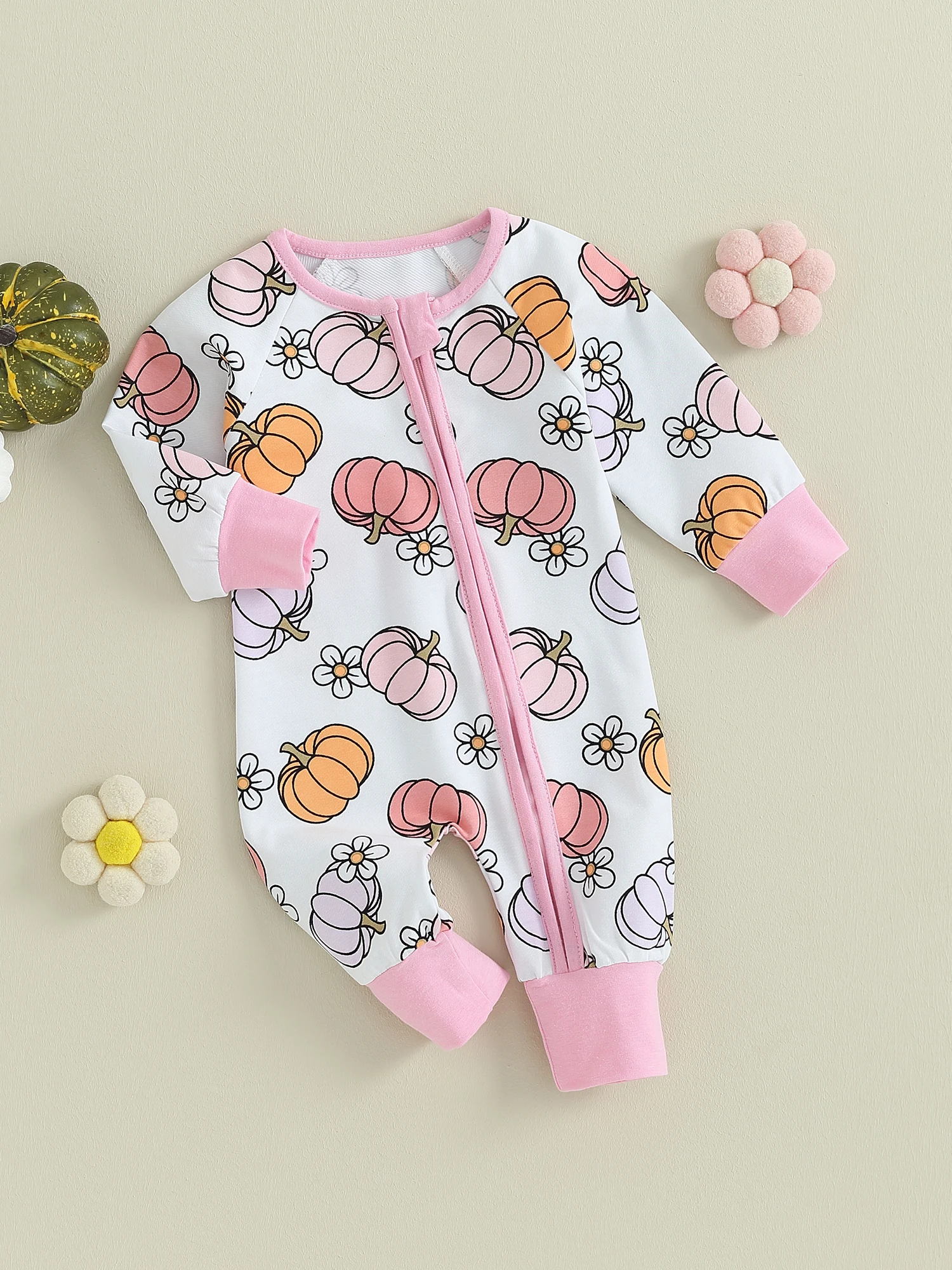 

Baby Girls Long Sleeve Floral Pumpkin Print Romper with Oblique Zipper