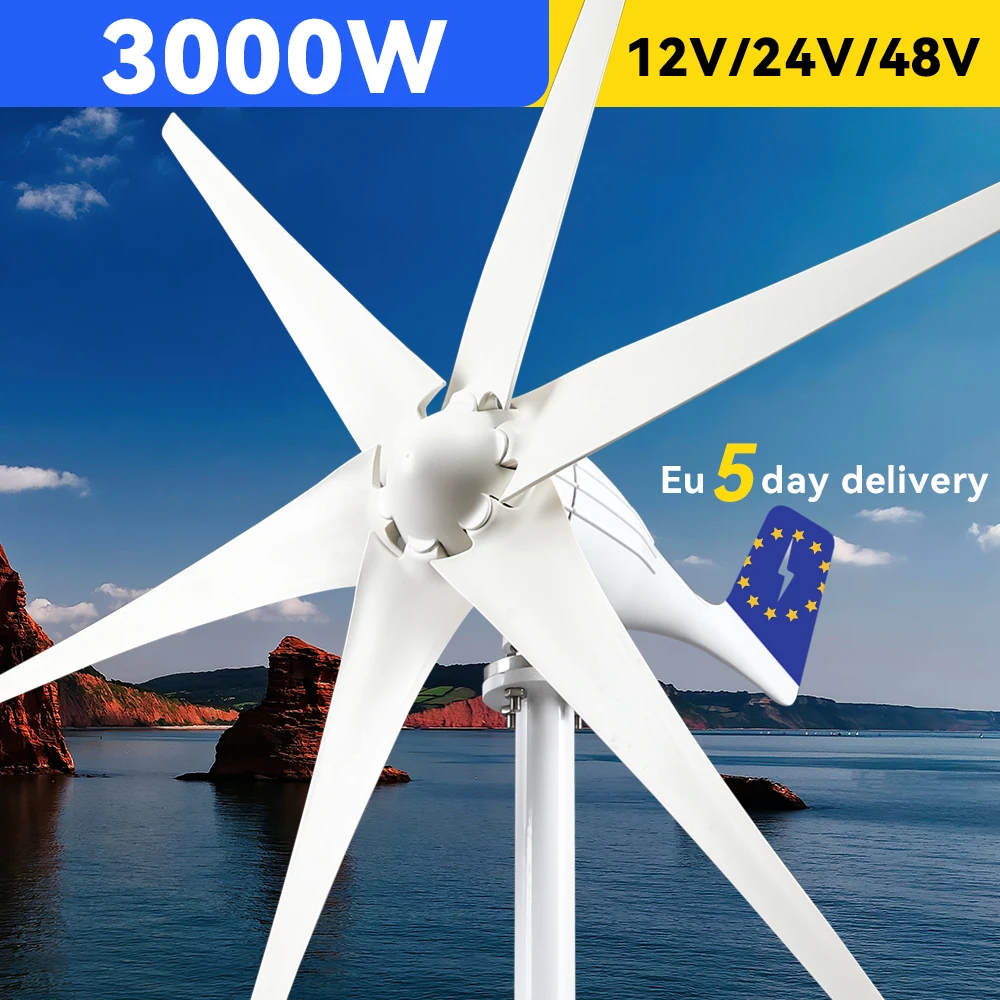 

Small Wind Turbine Free Energy 3kw 3000w 48v 24v 12v 6 Blades With MPPT/Charge Controller Windmills RV Yacht Farm For Home Use
