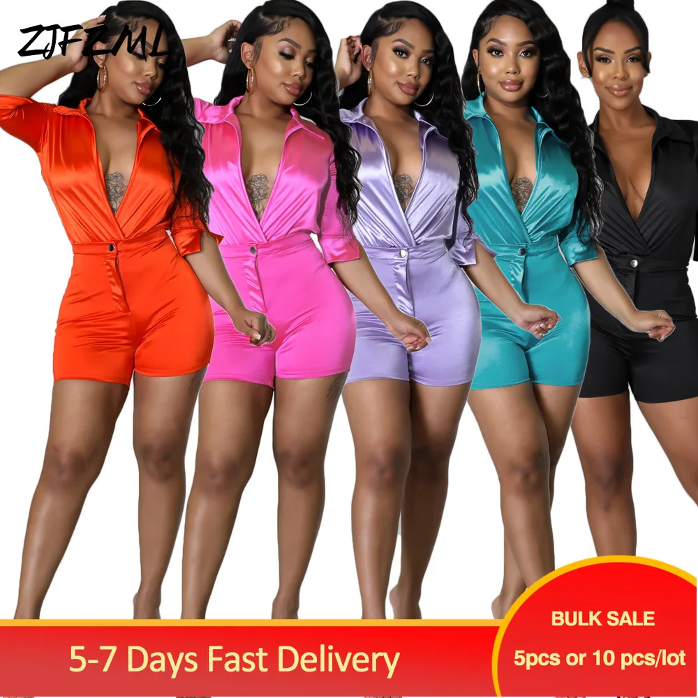 

Bulk Items Wholesale Lots Luxury Women's Satin Tracksuits Elegant Fashion Turn Down Collar Half Sleeve Shirt+stretchy Short New