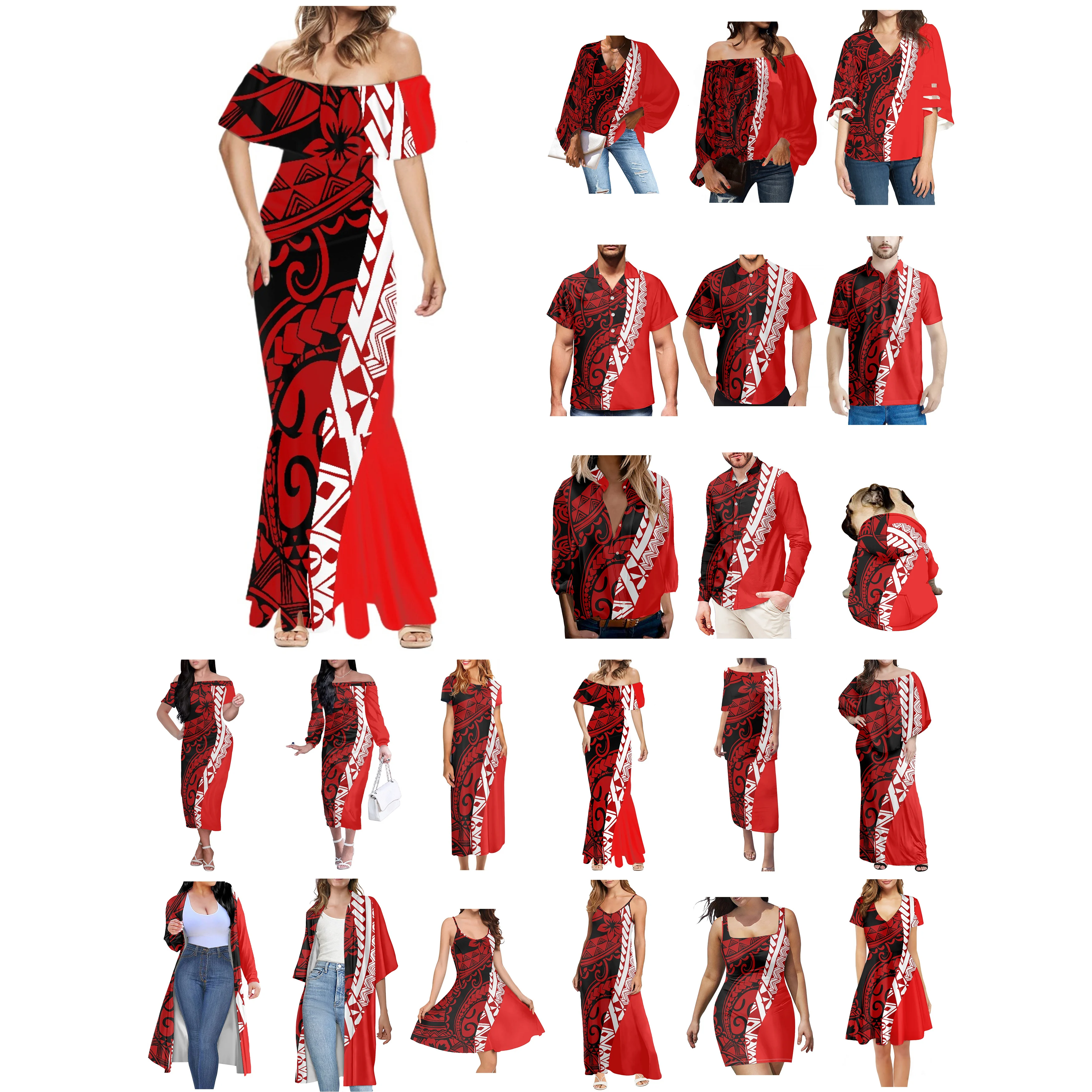 Polynesian Tonga Hawaii Fiji Guam Samoa Pohnpei Tribal Tattoo Red Prints Couple Clothes Suits Women Dress Matching Men Shirt NEW