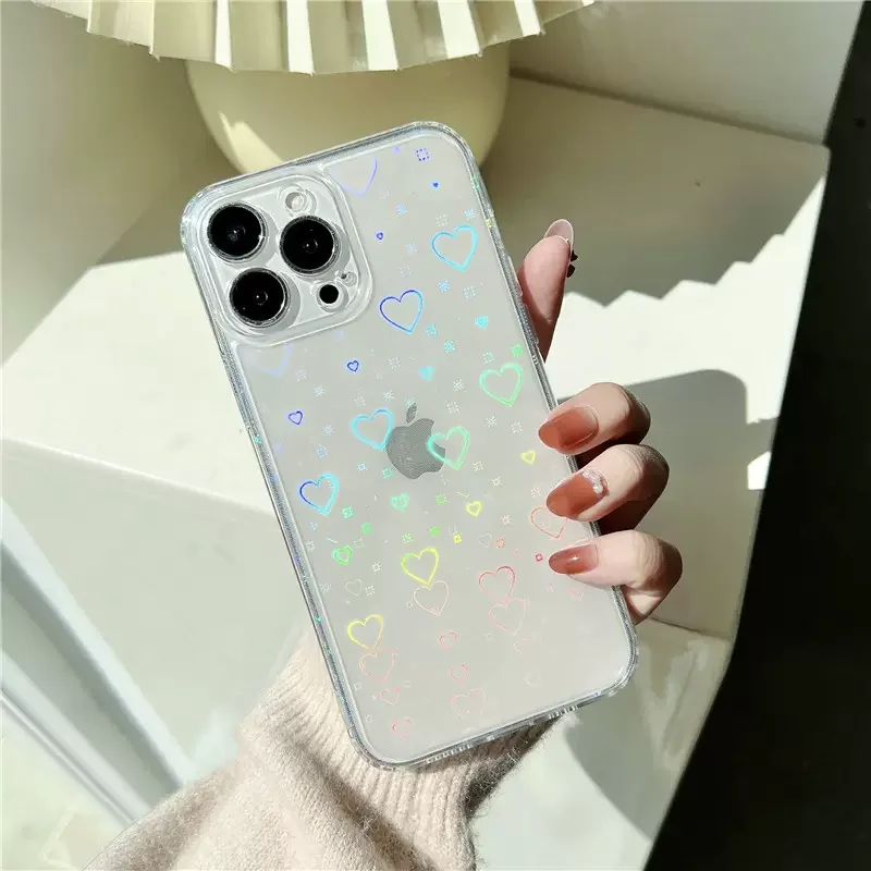 

Fashion Gradient Laser Love Heart Pattern Case for IPhone 14 13 11 12 Pro Max X XSMAX XR 7 8 14Plus SE Soft Silicone Clear Cover