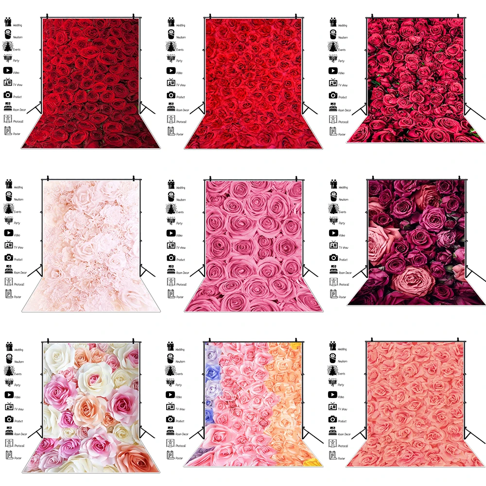 

Laeacco Rose Flowers Photography Background Wedding Valentines Day Party Decor Lovers Bride Shower Portrait Photoshoot Backdrop